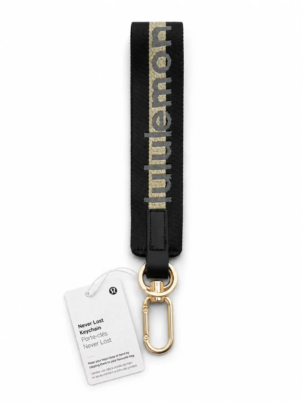 Lululemon Never Lost Keychain Black Gold Logo NWT